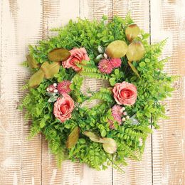 rose leafs UK - Decorative Flowers & Wreaths Pink Rose Garland Door Hanging 14 Inch And White Round Fern Leaf Art For All Seasons Front PartyDecorative