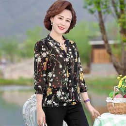 Women Spring Autumn Style Chiffon Blouses Shirts Lady Casual VNeck Flower Printed Chiffon Blusas Tops DF3796 210401
