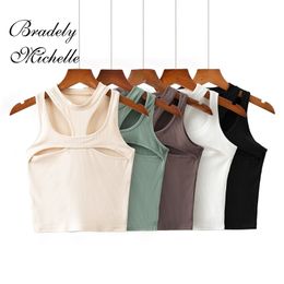 BRADELY MICHELLE Women Asymmetrical Hollow Solid Colour Knitted Round Neck Summer Sexy Sleeveless Vest on The Chest 220316