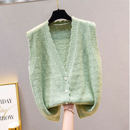 2022 Wave V-neck Knit Sleeveless Sweater Short Vest Loose Spring Coat Tops Waistcoat Lady Top Cloth for Women girl Green