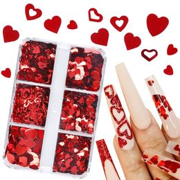 Decorações de arte na unha Decorações do dia dos namorados Love Heart Liginas para acessórios Red Glitter Flake Charms French Supplies ProfessionalNail
