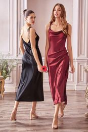 New Spaghetti Straps Satin Bridesmaid Dresses 2022 Tea Length Ruched Split Wedding Party Dress Women Formal Prom Gowns CPS3024