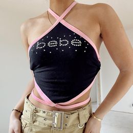 Women's Tanks & Camis Women Crop Tank Tops Sexy Cross Halter Sleeveless Strappy Backless Rhinestones/Shiny Letter Short Vest For Young Girl