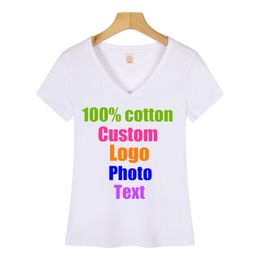 Sexy Slim Cotton Women V neck Summer Short Sleeve T shirt Custom P o printed text Solid Female Shirts Tees Tops T shirts 220621