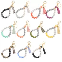 Silicone Key Ring Bracelet Beaded Wrislet Keychain Portable Keys Holder Tassel Chain Wooden Wristlet Bangle Keyrings Chain