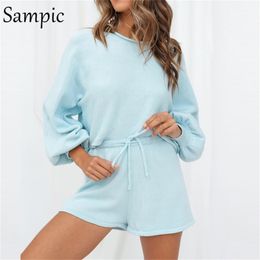 Sampic Long Sleeve Summer Casual O Neck White Khaki Two Piece Set Crop Top And Shorts Drawstring 2 Piece Women Sets Outfits 2020 T200603