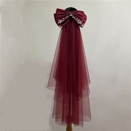 Burgundy Wedding Veil and Big Bow with Beading 2022 Tulle Satin Wedding Accessoris Bridal Veils