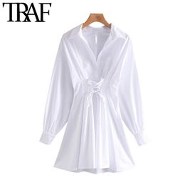 TRAF Women Fashion With Drawstring Tied Pleated Mini Dress Vintage Long Sleeve Back Zipper Female Dresses Vestidos 210319