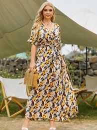 Women's Plus Size Jumpsuits & Rompers Dresses 2022 Ladies Print V-Neck Beach Maxi Dress Laced Up Casual Flared Sleeves Women Party Vestidos