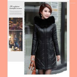 Women's Wool & Blends Plus Size L-8XL Women Leather Coat Winter 2022 Mother's Jacket Thicken Warm Fur Collar Hooded Sheepskin Overcoat Femal