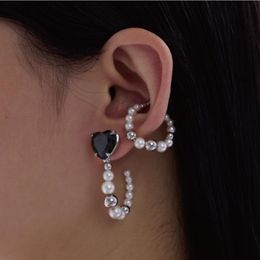 Clip-on & Screw Back Fashion Design Black Pink Lovely Heart Crystal Stone Hoop Earrings For Women Charms Pearl Bead Hollow Out Ear Clip Earr