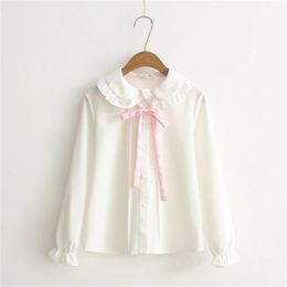 Women blouses girls autumn long sleeve peter pan collar pink bowknot white blouse shirt Japanese school uniform PZ164 T200322