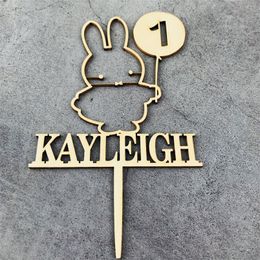 Personalised Wooden Cute Birthday Cake Topper Custom name and Age Acrylic Gold Mirror Bunny Birthday Cake Party Decor D220618