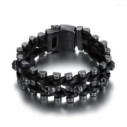 Link Chain Men Black Skull Braided Leather Bracelets Stainless Steel Leahter Cool For Bracelet Fashion Jewelry GiftsLink Lars22