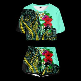 Women's Tracksuits Blue Flower Tahiti Polynesia 3D Girls Tracksuit Women Two Piece Set Top Tshirt Shorts Costumes Two-piece Cropped T-shirt