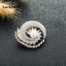 Pins Brooches Luckydays Fashion Elegant Dark Blue/White Crystal Flower Brooch For Women Laday Delicate Micro Paved Zircon JewelryPins