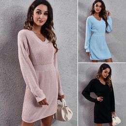 Casual Dresses Women Apring And Summer Sexy V-neck Dress Off Shoulder Loose Long Sleeve Waist Closing Wool Women's Knitted DressCasual