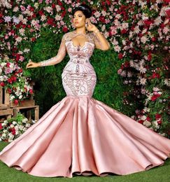 2022 Plus Size Arabic Aso Ebi Pink Luxurious Mermaid Prom Dresses Beaded Crystals Evening Formal Party Second Reception Birthday Engagement Gowns Dress ZJ406