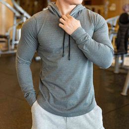 Autumn winter thick Gym Men T Shirt Long Sleeve Slim Tops Tees elastic T-shirt Sports Fitness breathable Quick dry Hooded Shirt L220704
