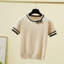 Knitted T Shirt Women Bow Patchwork Short Sleeve T-Shirt Korean Fashion Womens Clothing Summer Tops Thin Tee Shirt Femme 220408