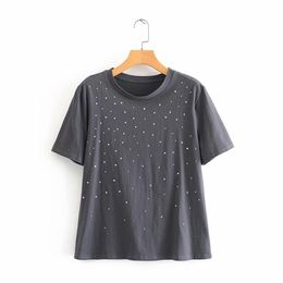 Women fashion solid rivet decoration casual knitted Tshirt female o neck short sleeve basic chic T shirt leisure tops T635 T200512