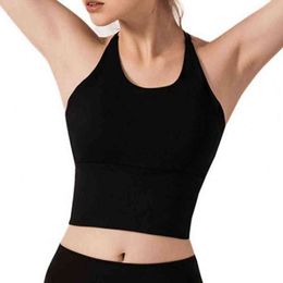 Women Leisure Vest Solid Color Nylon Sleeveless Hollow Back Cross Straps Slim Tops Cropped Camisole for Sports Wear L220705