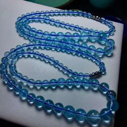 Chains Genuine Natural Blue Topaz Gemstone Necklace Crystal Clear Round Beads Women 6-12mm Man Long Chain CertficateChains ChainsChains