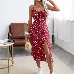 LiTi Women Floral Spaghetti Straps Summer Dress Print Elegant Suspenders Square Neck Slit Spring 220629