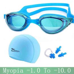 Myopia Swimming goggles prescription professional Silicone Waterproof hat natacion Swimming caps earplug glasses Swim eyewear Y220428