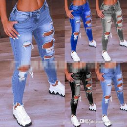 Jeans per donna Abbigliamento moda Sexy buco rotto lavato Leggings in denim elasticizzato sottile Pantaloni lunghi Pantaloni blu Taglie forti
