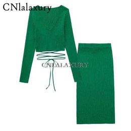 CNlalaxury 2022 Spring Women Casual Green Knitted Suits Traf V Neck Tied Slim Crop Tops Sweaters Elastic Waist Midi Skirt Sets T220729