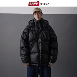 LAPPSTER Men Japanese Streetwear Leather Puffer Jacket Mens Hip Hop Black Winter Bubble Jackets Coats Couple Korean Parka 201128