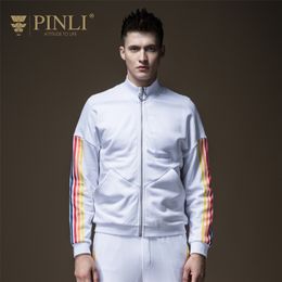 Pinli Spring Discount Clearance Slim Mock-neck Sportswear Colour Stripes Cotton Casual Men Jacket Sweater Coat 201127