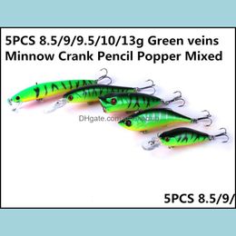 Baits Lures Fishing Sports Outdoors 5Pcs 8.5/9/9.5/10/13G Green Veins Minnow Crank Pencil Popper Mixed Lure Bait Hardbaits Artificial High