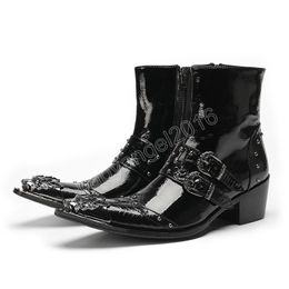 Genuine Leather Boots For Men Luxury Fashion Serpentine Buckle Zipper Mens Boots Heels Rivets Botas Hombre