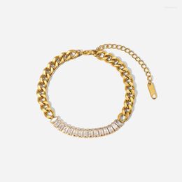 Link Chain ALLME 2022 Sparkly CZ Zircon Splice Charm Bracelet For Women Gold Colour Stainless Steel Chunky Cuban Bracelets Inte22