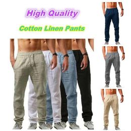 Pantaloni da uomo in cotone e lino maschio estate autunno traspirante tinta unita pantaloni in vita elastica Fitness Streetwear 220826