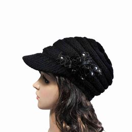 Womens Cable Knit Visor Hat With Flower Accent Women Knit Beret Baggy Beanie Cap Hat J220722