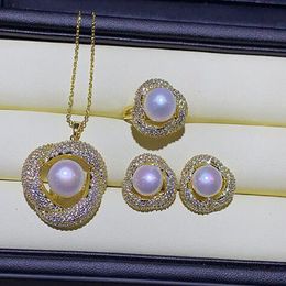 Gorgeous 10-11mm south sea purple stud pearl pendant earring ring set