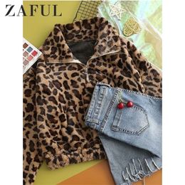 Women Leopard Print Sweatshirt Lady Warm Drop Shoulder Long Sleeve Zipper Tops Loose Fluffy Causal Pullover Sweatshirt T200113