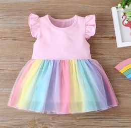 2 Colors Summer Cute Baby Girls Tutu Dress 0-4Y Ruffles Fly Sleeve Rainbow Lace Patchwork Mini Dresses