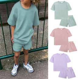 Summer Sports Suit Children Clothes Sets Short Sleeve T shirts Solid Elastic Waist Shorts 2PCS Baby Clothing Outfits 220620