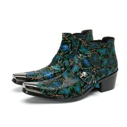 Winter Men Fashion Metal Square Toe Party Ankle Boots Snakeskin Printed Green Shoes Mens Leather Boots Buckle Strap Male High Heel Short Boot