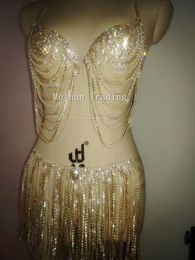 Stage Wear Sexy Gold Crystals Tassel Bikini Clothing Set Nightclub Two-piece Outfit Party Costume Rhinestones Bra Stretch Short SwimwearStag