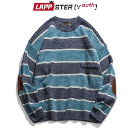 LAPPSTER-Youth Men Patchwork Vintage Striped Sweater Mens Winter Blue Sweater Pocket Women Oversized Kpop Fashiosn Clothing 201225