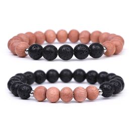 8mm Natural Lava Stone Wooden Beaded Strands Charm Bracelets Elastic Bangle For Women Men Lover Handmade Jewellery