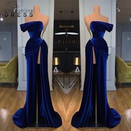 -CHIC Royal Azul Off-the-ombro Vestidos de noite desarrumado bainha alta coxa Split longos vestidos de festa de baile com cintura frisada vestidos 0406