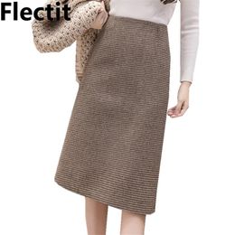 Flectit Fall Winter Warm Wool Houndstooth High Waist Pencil Midi Skirt Slim Knee Length Back Split Work Plus Size S- XXL 220317