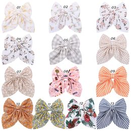 New 5inch Plaid Floral Printing Chiffon Hair bow Hair Clips For Girls Hair Accessories Baby Fabric Bow Hairpin Kid