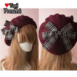 Japanese Kawaii Beret Hat Lolita Teenager Heart Sweet Wool Handmade Cute Waves Bow Warm Autumn Winter Painter Hat Headdress J220722